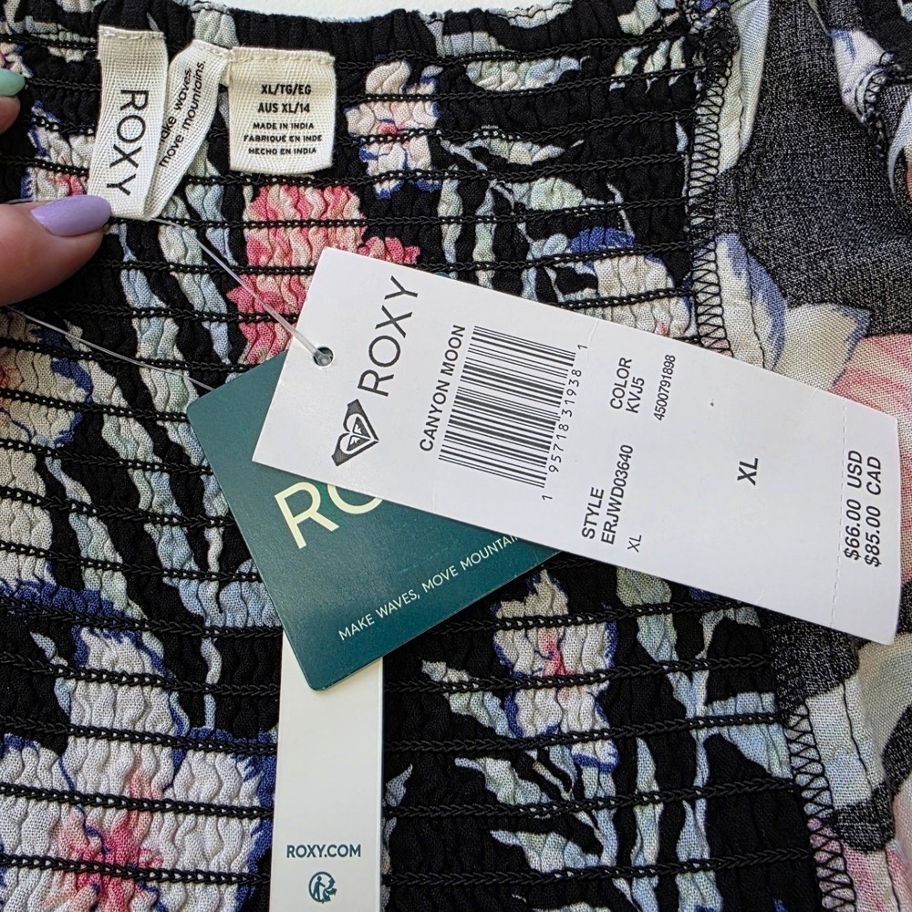 NWT Roxy Canyon Moon Floral Midi Dress Black Pink Tropical Smocked Back XL - Picture 3 of 8